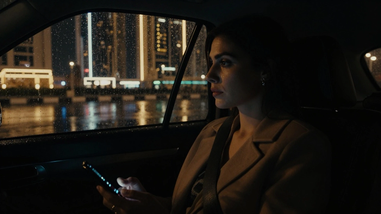 A woman gazes out of a car window in Dubai at night, neon reflections on wet streets, phone glowing faintly on the seat.