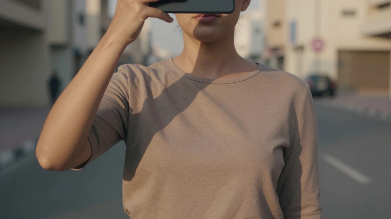 Individual posing in a clean urban setting in Dubai, phone held above eye level, natural light enhancing facial contours.