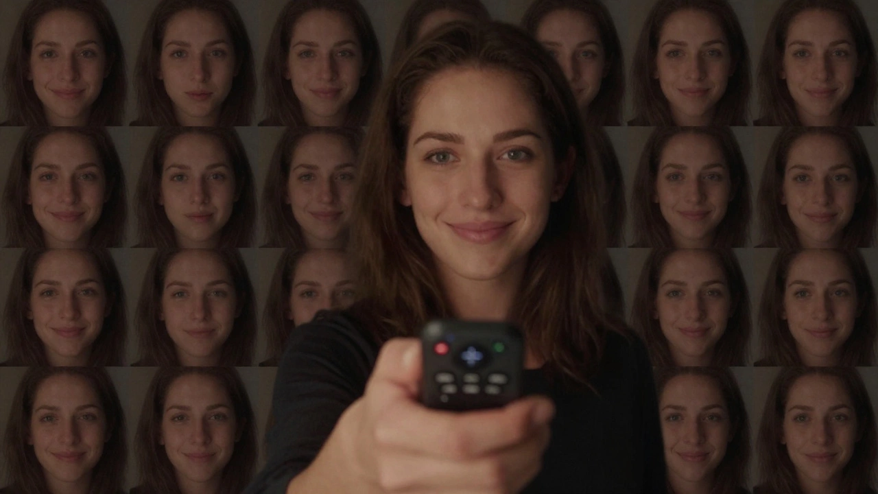 Person releasing a remote shutter with multiple ghosted selfie variations in background, eyes catching soft light.